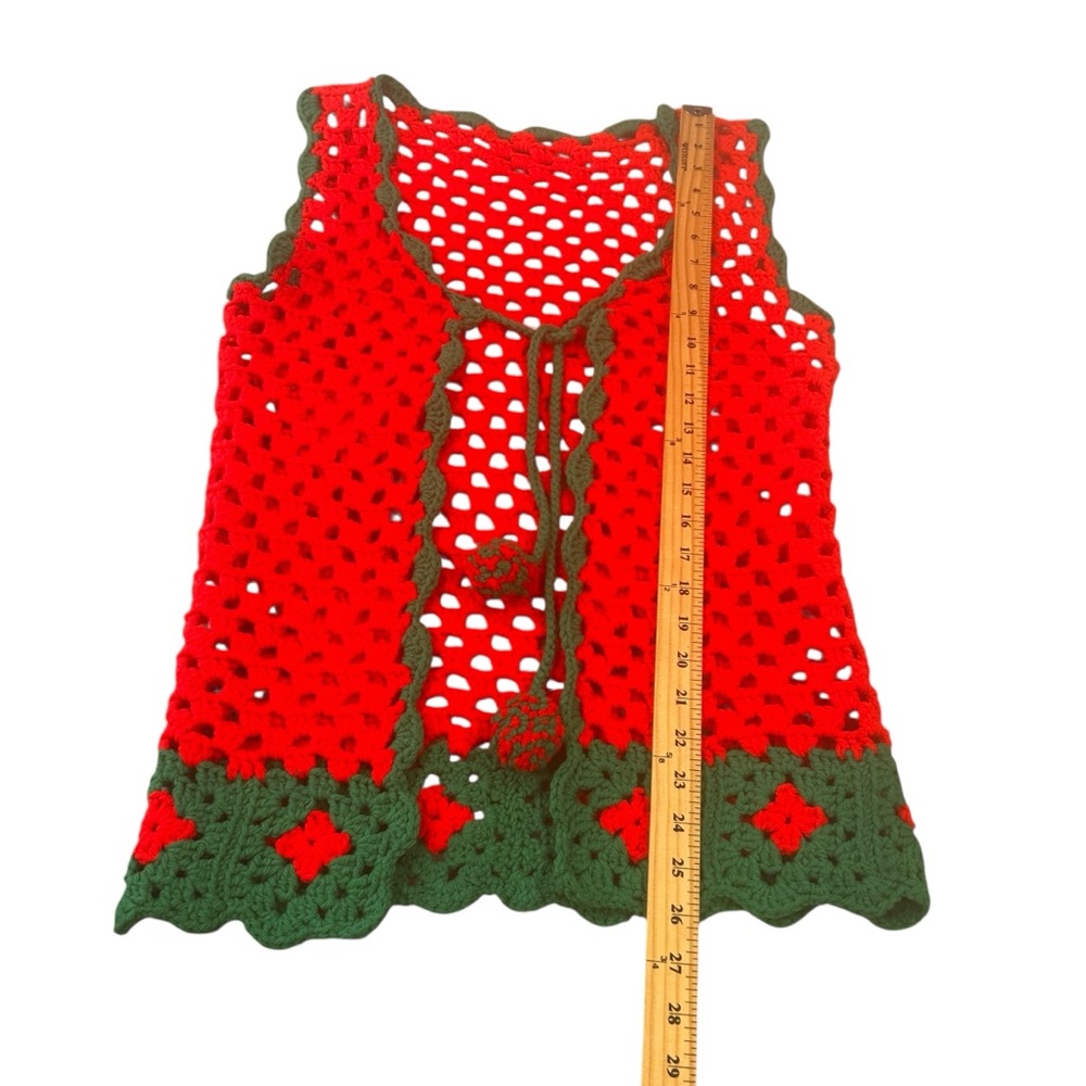 Christmas crochet vest red green size medium handmade holiday open stitch W/tie - Picture 7 of 11